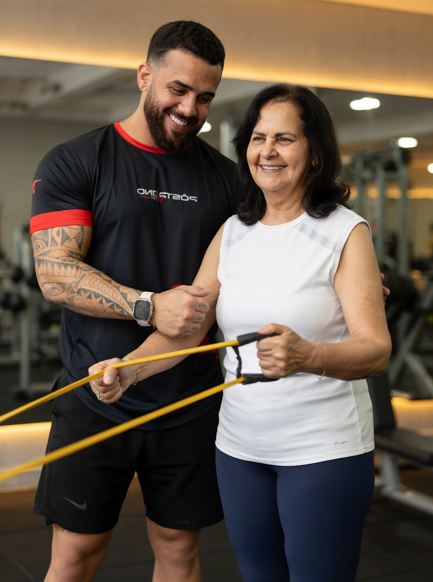 Personal trainer com aluna na academia